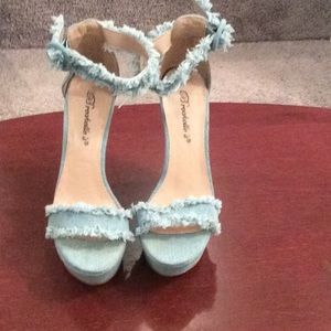 Blue jean fringe open toe wedge w/ ankle strap